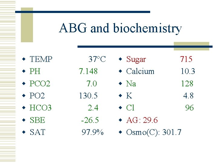 ABG and biochemistry w w w w TEMP PH PCO 2 PO 2 HCO