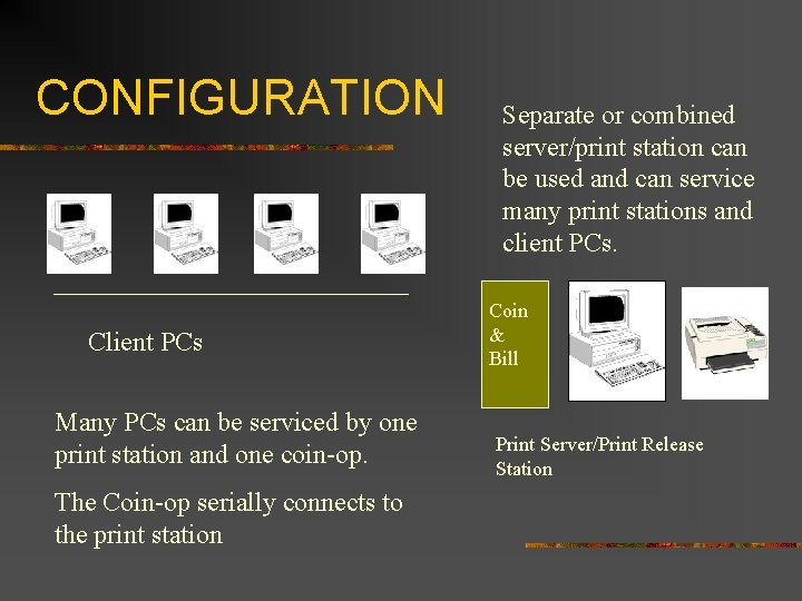 CONFIGURATION Client PCs Many PCs can be serviced by one print station and one