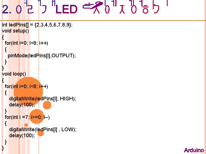 int led. Pins[] = {2, 3, 4, 5, 6, 7, 8, 9}; void setup()