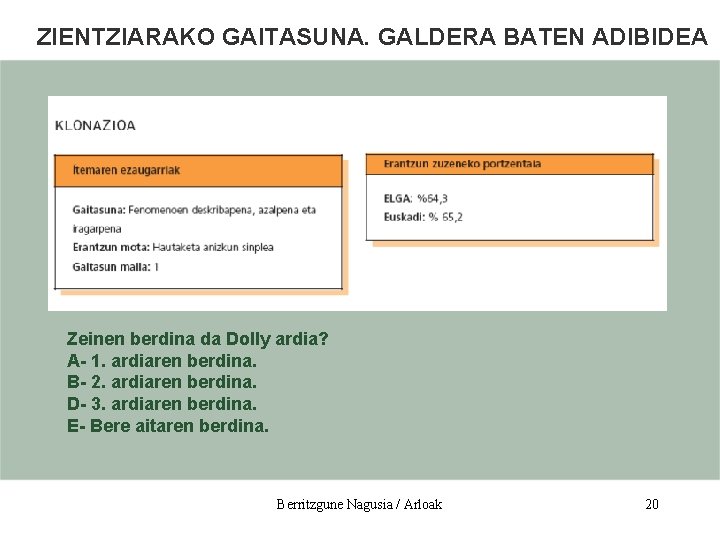 ZIENTZIARAKO GAITASUNA. GALDERA BATEN ADIBIDEA Zeinen berdina da Dolly ardia? A- 1. ardiaren berdina.