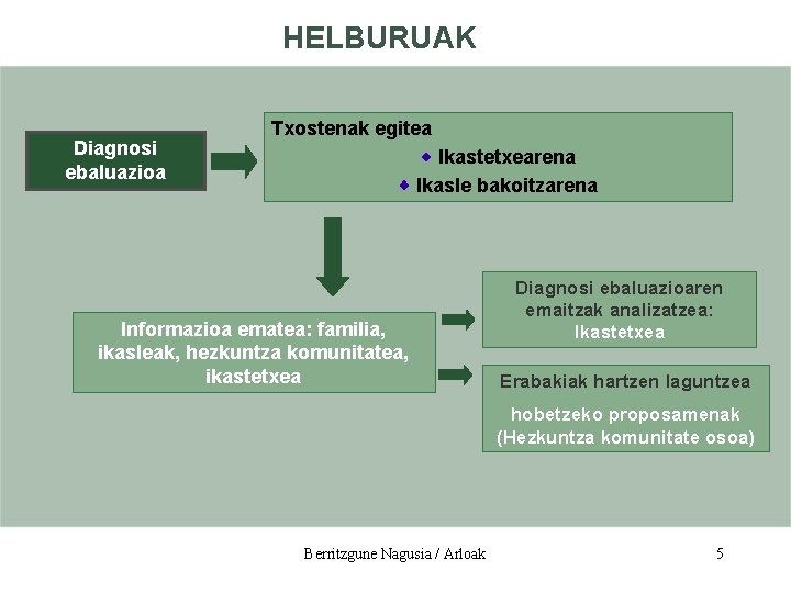 HELBURUAK Diagnosi ebaluazioa Txostenak egitea Ikastetxearena Ikasle bakoitzarena Informazioa ematea: familia, ikasleak, hezkuntza komunitatea,