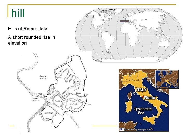 hill Hills of Rome, Italy A short rounded rise in elevation 