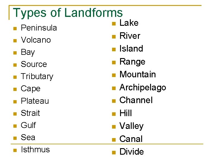 Types of Landforms Peninsula Volcano Bay Source Tributary Cape Plateau Strait Gulf Sea Isthmus