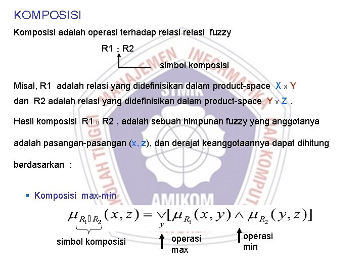 KOMPOSISI Komposisi adalah operasi terhadap relasi fuzzy R 1 o R 2 simbol komposisi