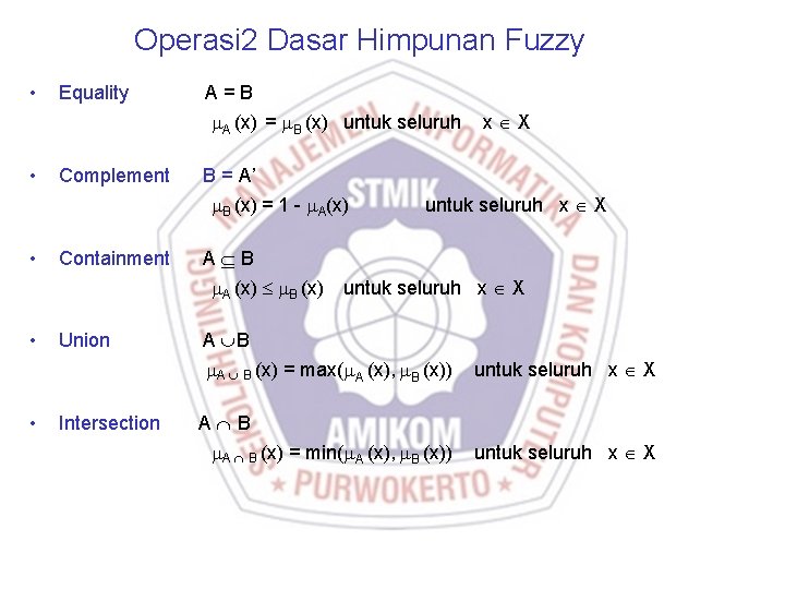 Operasi 2 Dasar Himpunan Fuzzy • Equality A = B A (x) = B