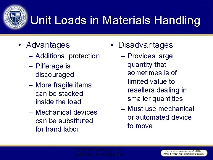 Unit Loads in Materials Handling • Advantages • Disadvantages – Additional protection – Pilferage