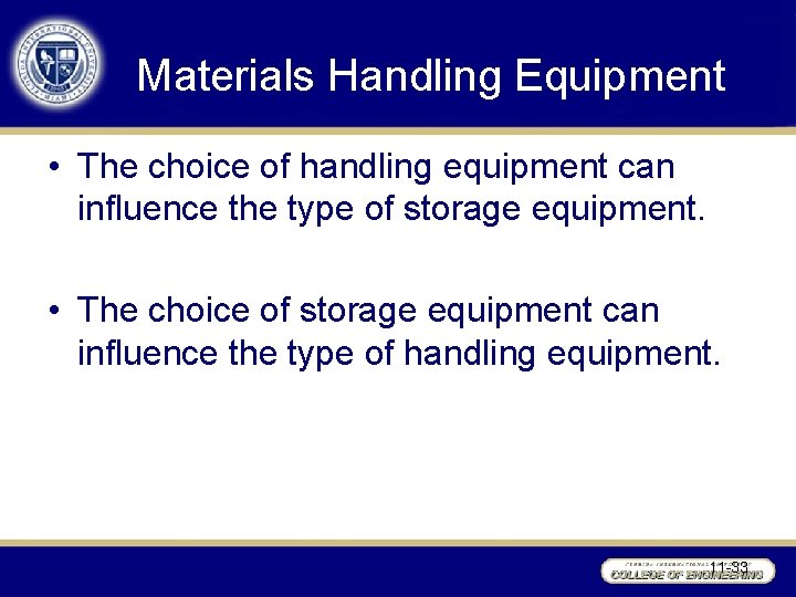 Materials Handling Equipment • The choice of handling equipment can influence the type of
