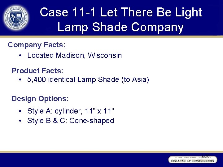 Case 11 -1 Let There Be Light Lamp Shade Company Facts: • Located Madison,