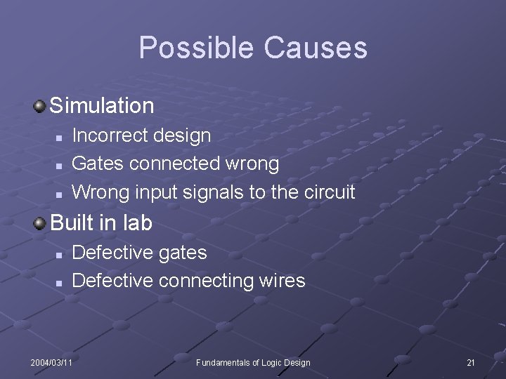 Possible Causes Simulation n Incorrect design Gates connected wrong Wrong input signals to the