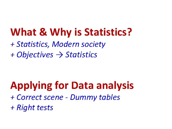 What & Why is Statistics? + Statistics, Modern society + Objectives → Statistics Applying What & Why is Statistics? + Statistics, Modern society + Objectives → Statistics Applying
