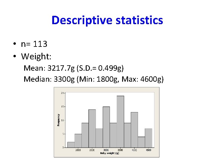 Descriptive statistics • n= 113 • Weight: Mean: 3217. 7 g (S. D. = Descriptive statistics • n= 113 • Weight: Mean: 3217. 7 g (S. D. =