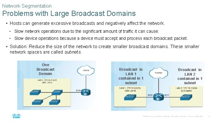 Network Segmentation Problems with Large Broadcast Domains § Hosts can generate excessive broadcasts and