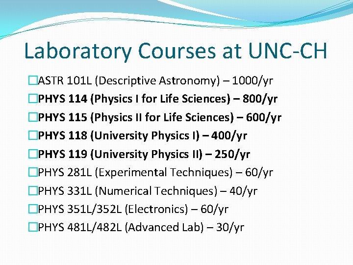 Laboratory Courses at UNC-CH �ASTR 101 L (Descriptive Astronomy) – 1000/yr �PHYS 114 (Physics