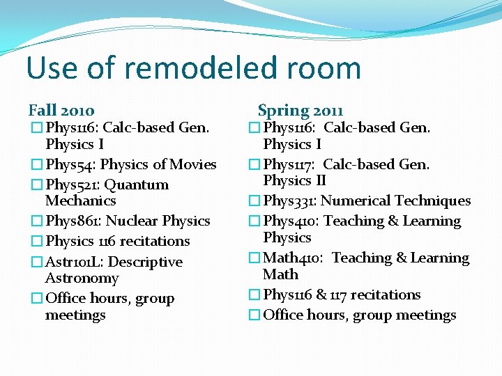 Use of remodeled room Fall 2010 �Phys 116: Calc-based Gen. Physics I �Phys 54: