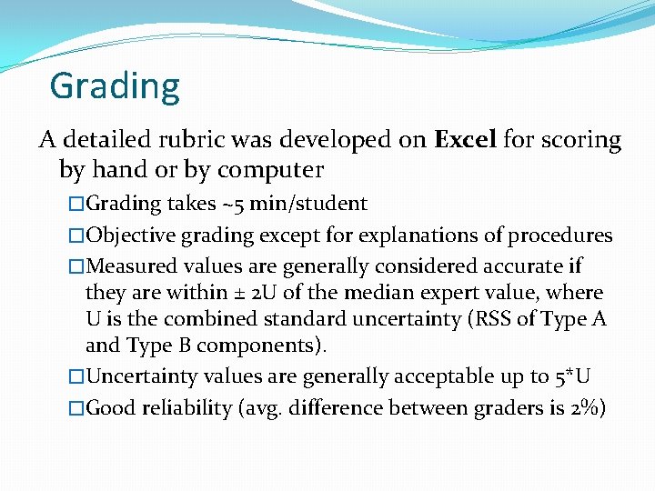 Grading A detailed rubric was developed on Excel for scoring by hand or by