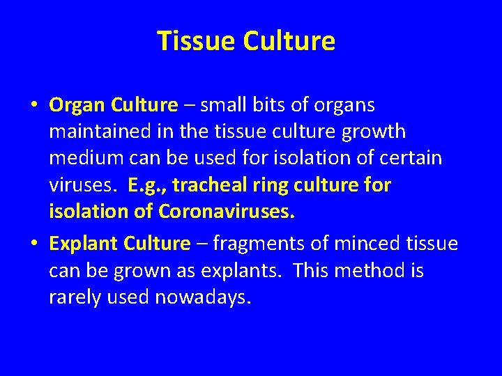 Tissue Culture • Organ Culture – small bits of organs maintained in the tissue