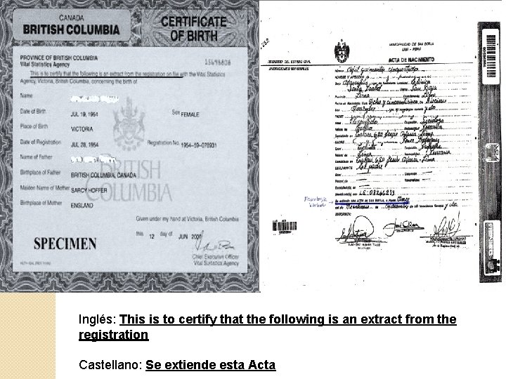 Inglés: This is to certify that the following is an extract from the registration