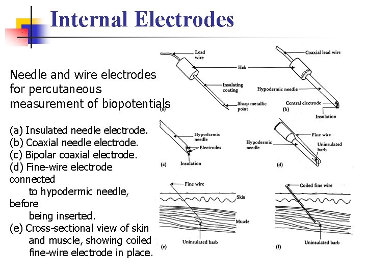 Internal Electrodes Needle and wire electrodes for percutaneous measurement of biopotentials (a) Insulated needle