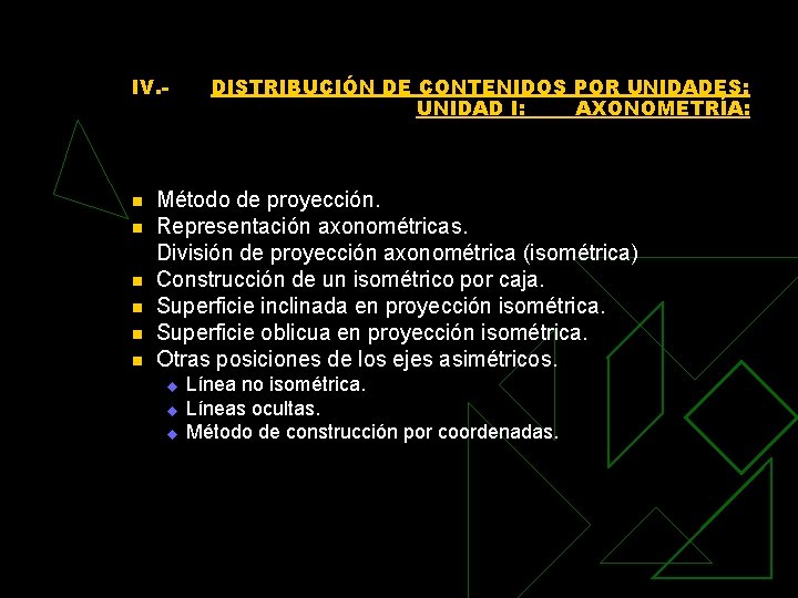 IV. - n n n DISTRIBUCIÓN DE CONTENIDOS POR UNIDADES: UNIDAD I: AXONOMETRÍA: Método