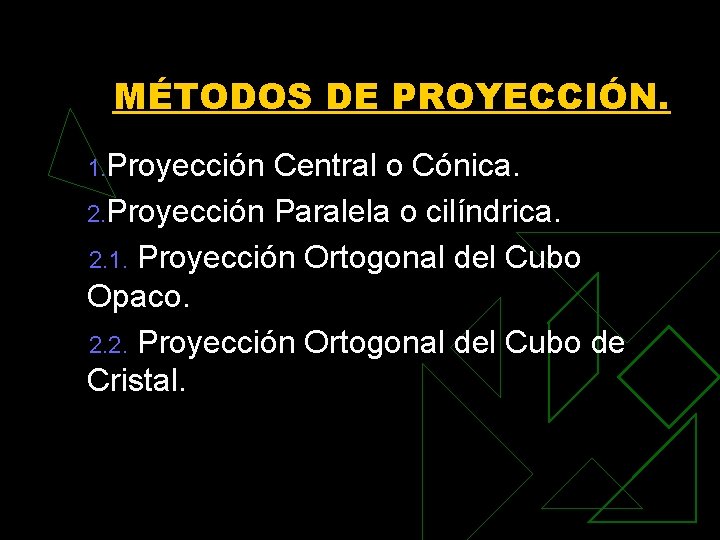 MÉTODOS DE PROYECCIÓN. 1. Proyección Central o Cónica. 2. Proyección Paralela o cilíndrica. 2.