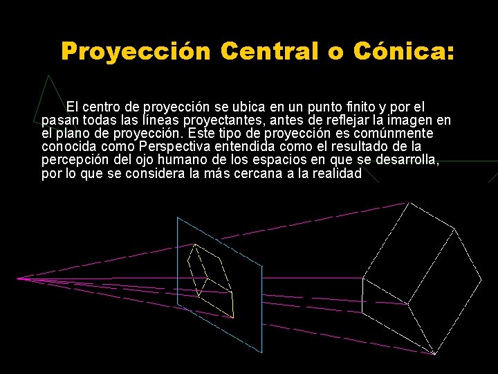 Proyección Central o Cónica: El centro de proyección se ubica en un punto finito