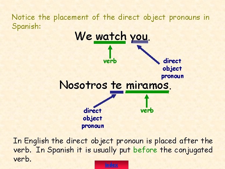 Notice the placement of the direct object pronouns in Spanish: We watch you. verb