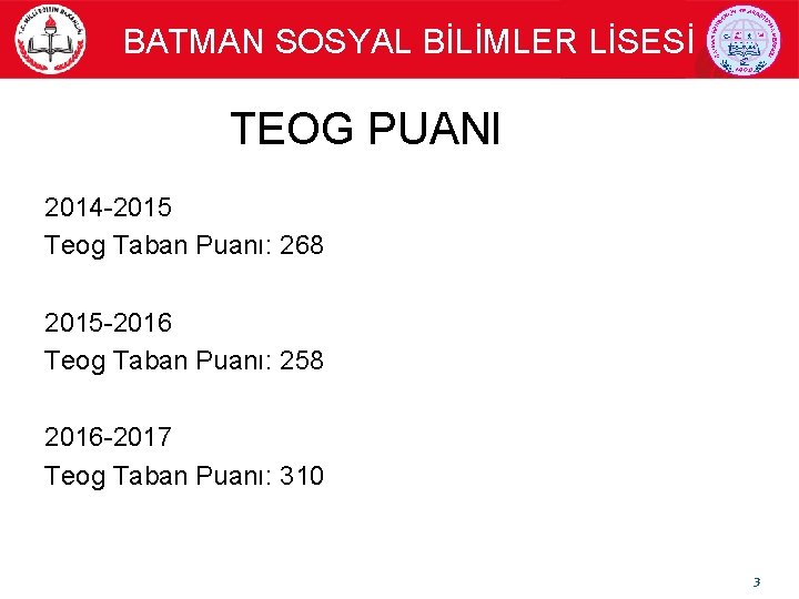 BATMAN SOSYAL BİLİMLER LİSESİ TEOG PUANI 2014 -2015 Teog Taban Puanı: 268 2015 -2016