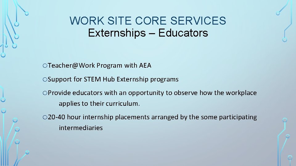 WORK SITE CORE SERVICES Externships – Educators o. Teacher@Work Program with AEA o. Support