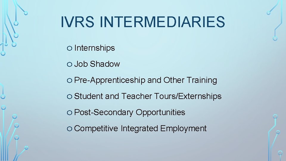 IVRS INTERMEDIARIES o Internships o Job Shadow o Pre-Apprenticeship and Other Training o Student