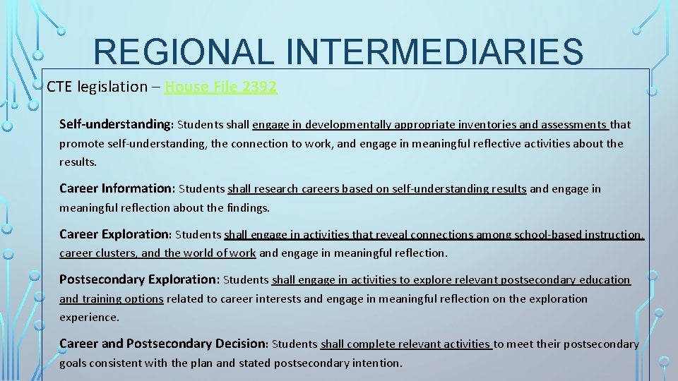 REGIONAL INTERMEDIARIES CTE legislation – House File 2392 Self-understanding: Students shall engage in developmentally