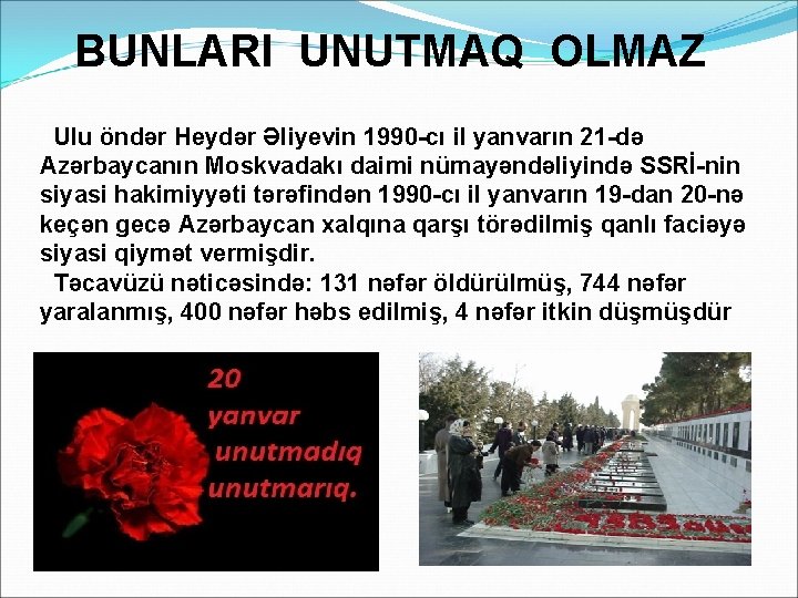 BUNLARI UNUTMAQ OLMAZ Ulu öndər Heydər Əliyevin 1990 -cı il yanvarın 21 -də Azərbaycanın