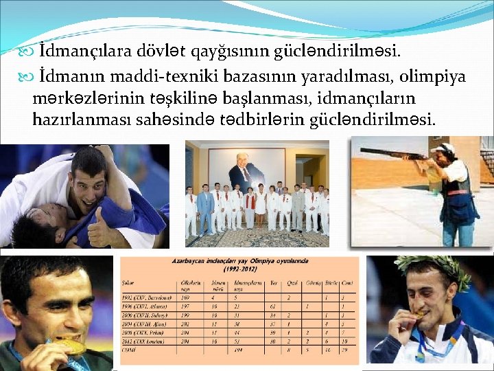  İdmançılara dövlət qayğısının gücləndirilməsi. İdmanın maddi-texniki bazasının yaradılması, olimpiya mərkəzlərinin təşkilinə başlanması, idmançıların