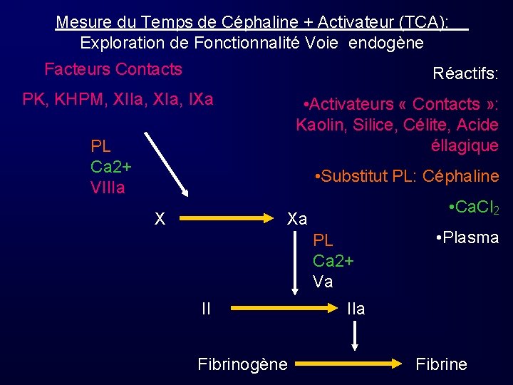 Mesure du Temps de Céphaline + Activateur (TCA): Exploration de Fonctionnalité Voie endogène Facteurs