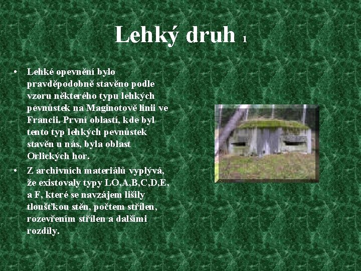 Lehký druh 1 • Lehké opevnění bylo pravděpodobně stavěno podle vzoru některého typu lehkých