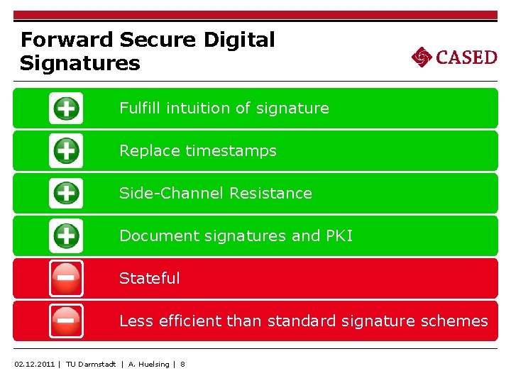 Forward Secure Digital Signatures Fulfill intuition of signature Replace timestamps Side-Channel Resistance Document signatures