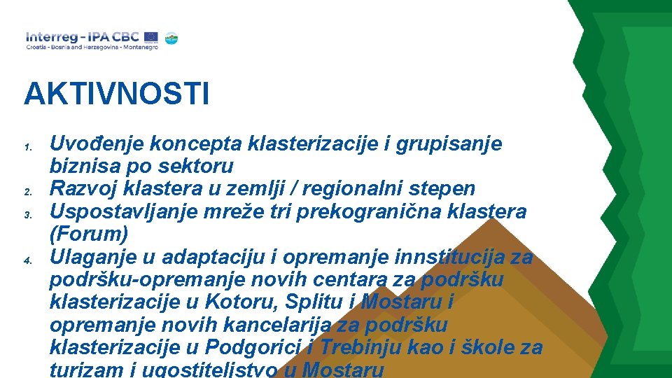 AKTIVNOSTI 1. 2. 3. 4. Uvođenje koncepta klasterizacije i grupisanje biznisa po sektoru Razvoj