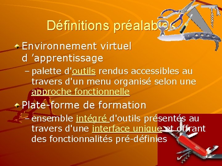 Définitions préalables Environnement virtuel d ’apprentissage – palette d'outils rendus accessibles au travers d'un