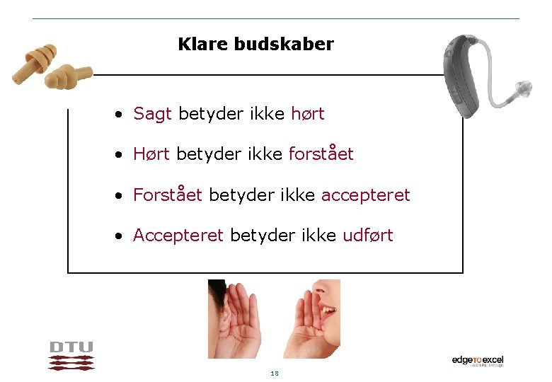 Klare budskaber • Sagt betyder ikke hørt • Hørt betyder ikke forstået • Forstået