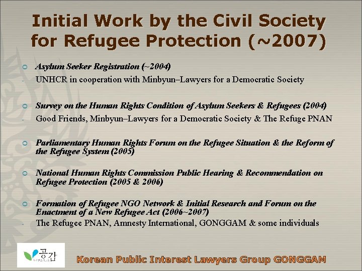 Initial Work by the Civil Society for Refugee Protection (~2007) ¢ - Asylum Seeker