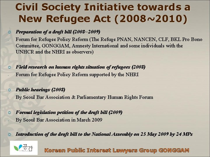 Civil Society Initiative towards a New Refugee Act (2008~2010) ¢ - ¢ - Preparation