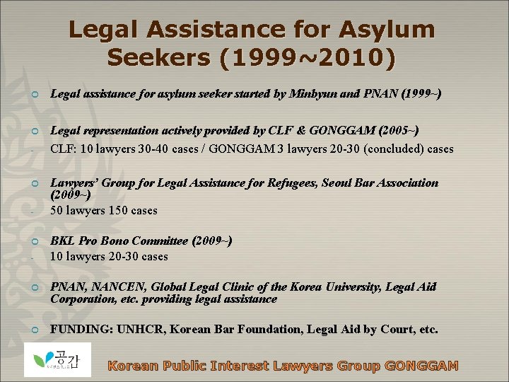 Legal Assistance for Asylum Seekers (1999~2010) ¢ Legal assistance for asylum seeker started by
