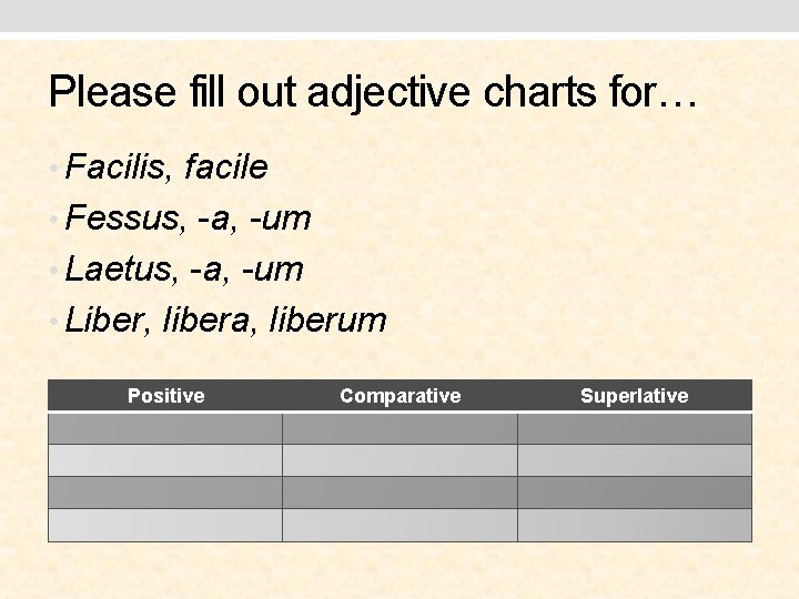 Please fill out adjective charts for… • Facilis, facile • Fessus, -a, -um •