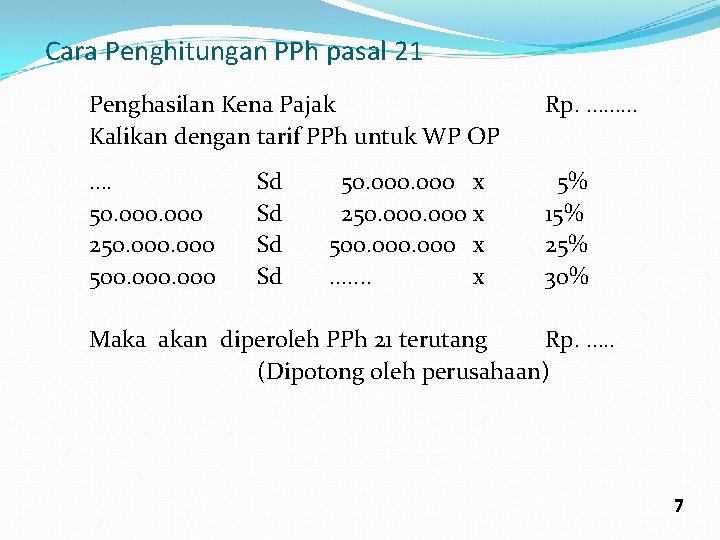 Cara Penghitungan PPh pasal 21 Penghasilan Kena Pajak Kalikan dengan tarif PPh untuk WP
