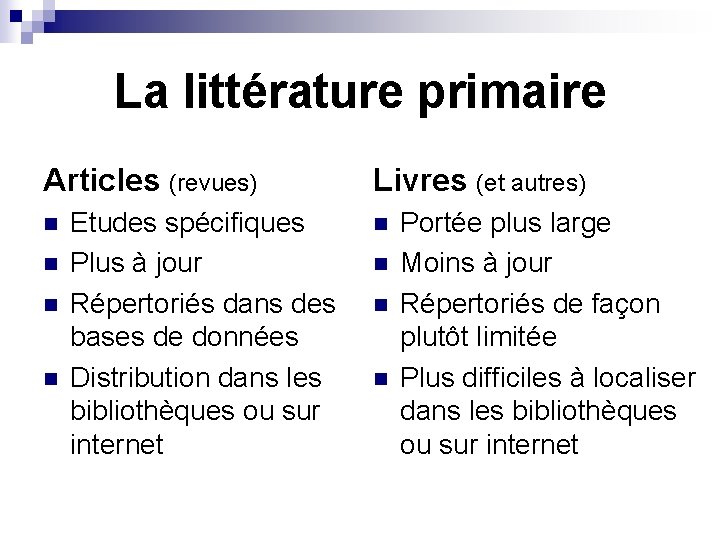 La littérature primaire Articles (revues) n n Etudes spécifiques Plus à jour Répertoriés dans