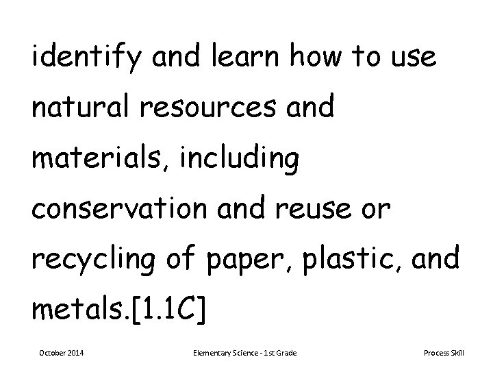 identify and learn how to use natural resources and materials, including conservation and reuse