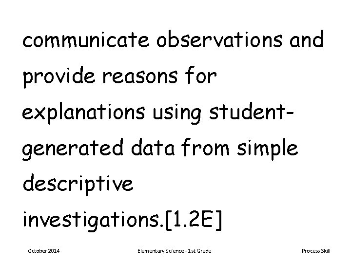 communicate observations and provide reasons for explanations using studentgenerated data from simple descriptive investigations.