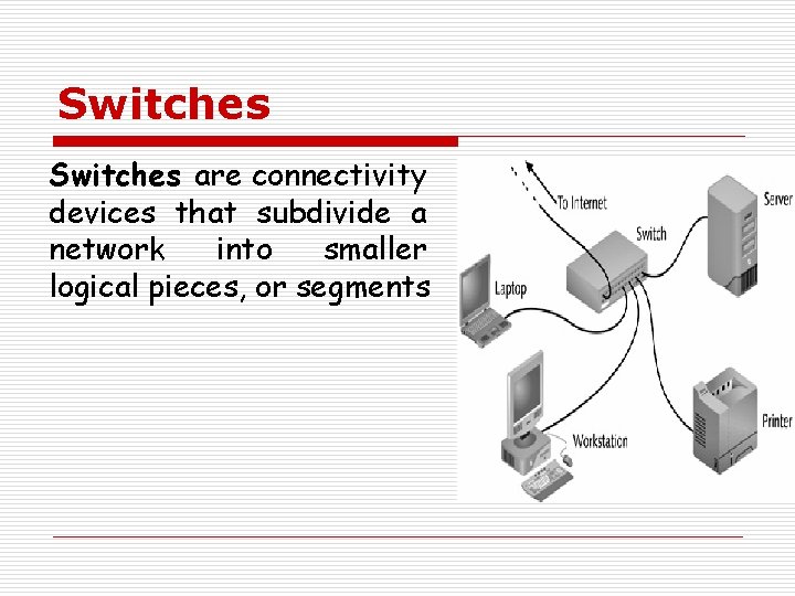 Switches are connectivity devices that subdivide a network into smaller logical pieces, or segments