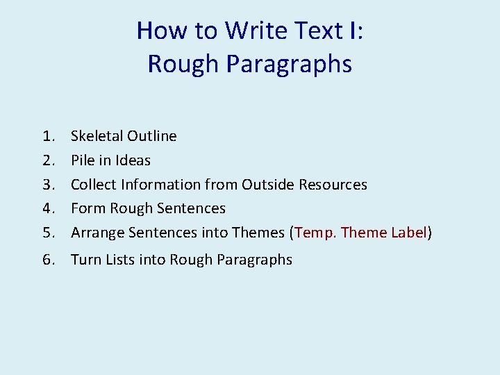 How to Write Text I: Rough Paragraphs 1. 2. 3. 4. 5. Skeletal Outline
