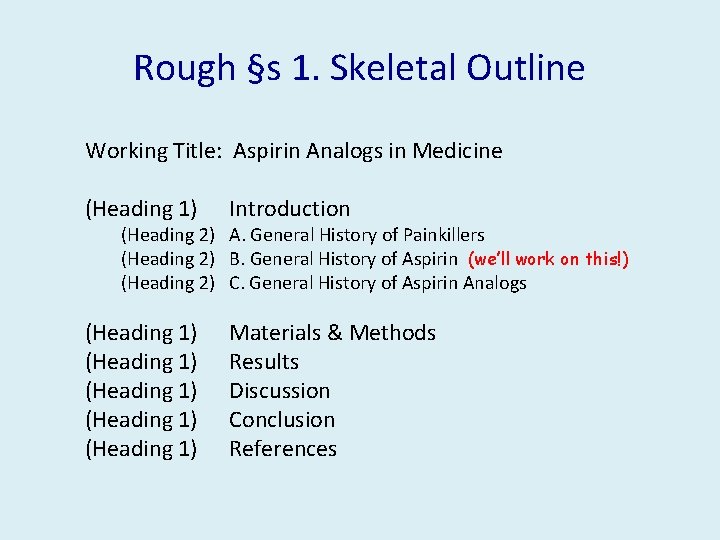 Rough §s 1. Skeletal Outline Working Title: Aspirin Analogs in Medicine (Heading 1) Introduction