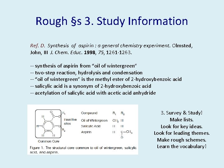 Rough §s 3. Study Information Ref. D. Synthesis of aspirin : a general chemistry